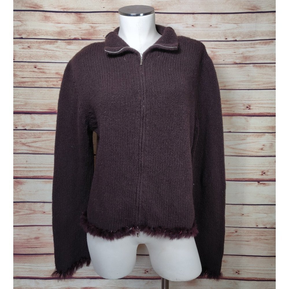 Brown/Maroon 100% Wool Knit Full Zip Cardigan with Genuine Rabbit Trim